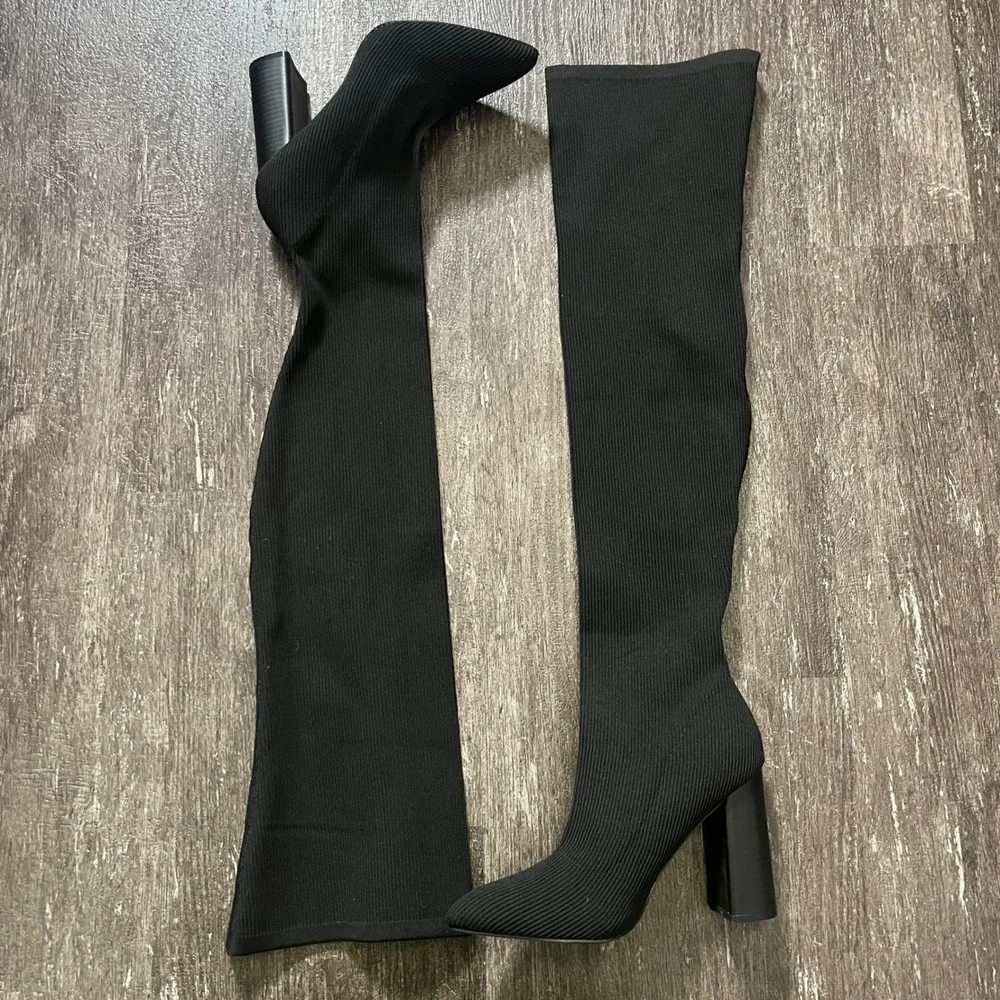 PUBLIC DESIRE Black Ribbed Knit Over the Knee Boots Block Heel Size 9 US